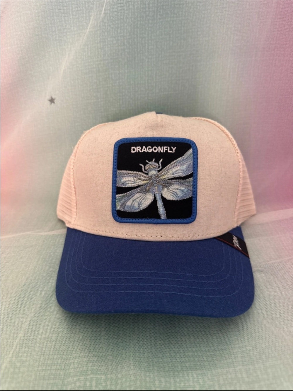 Dragonfly Trucker Hat - Cream and Blue